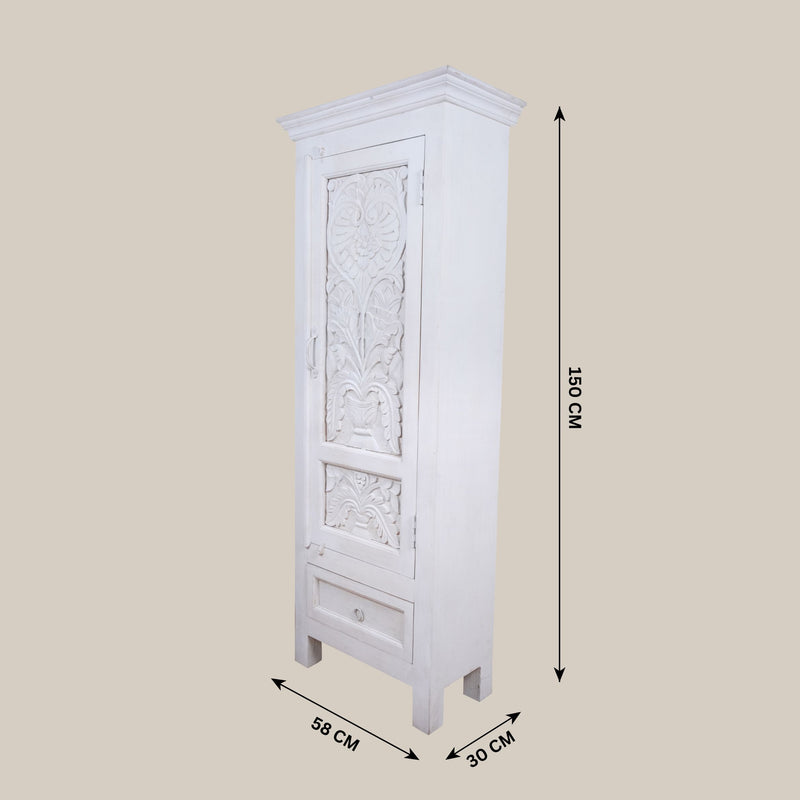 Sharvani Almirah - Tall White Hand-Carved Wooden Cabinet with Drawer Storage