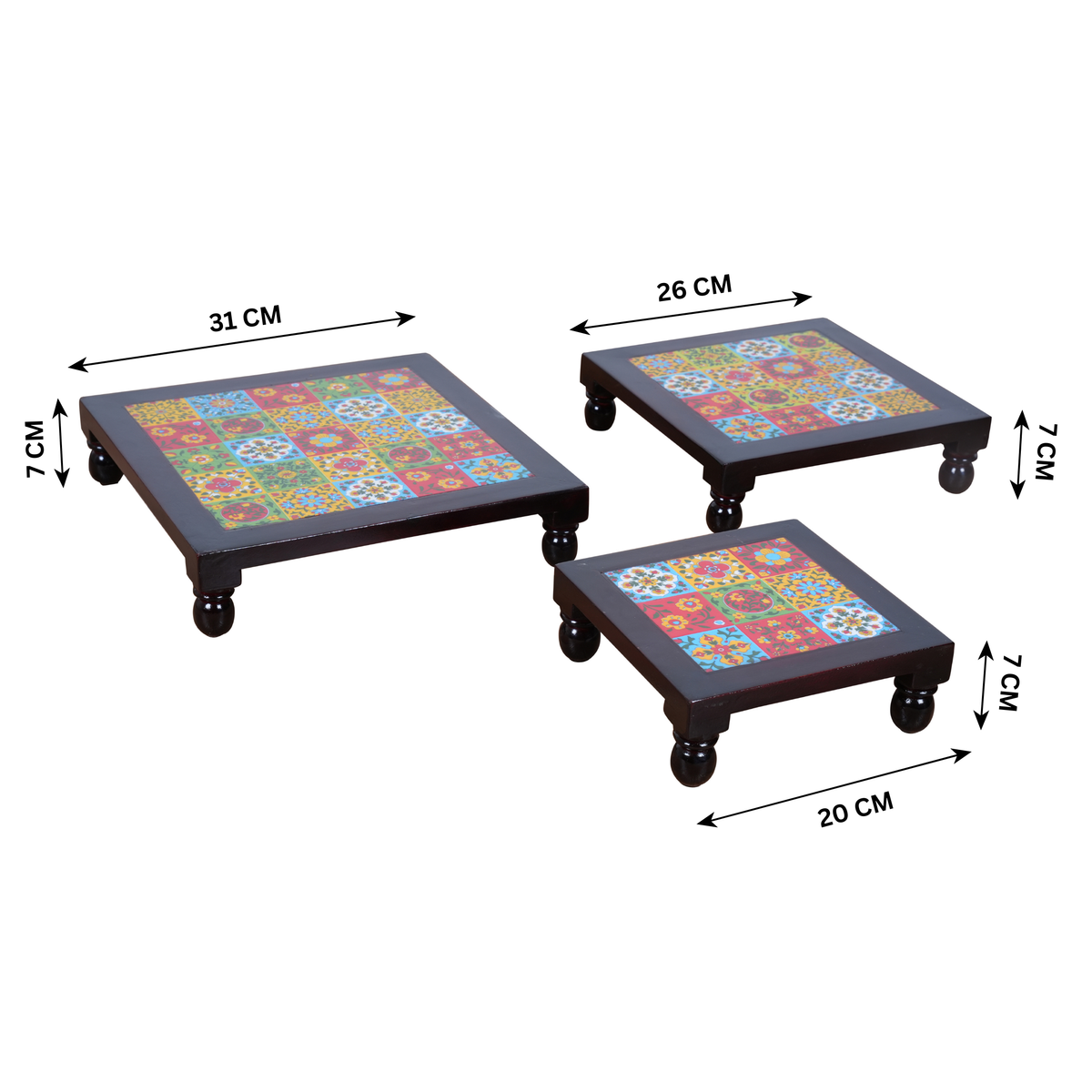 Handcrafted Wooden Tile Chowki Set - Set of 3 Nested Platforms