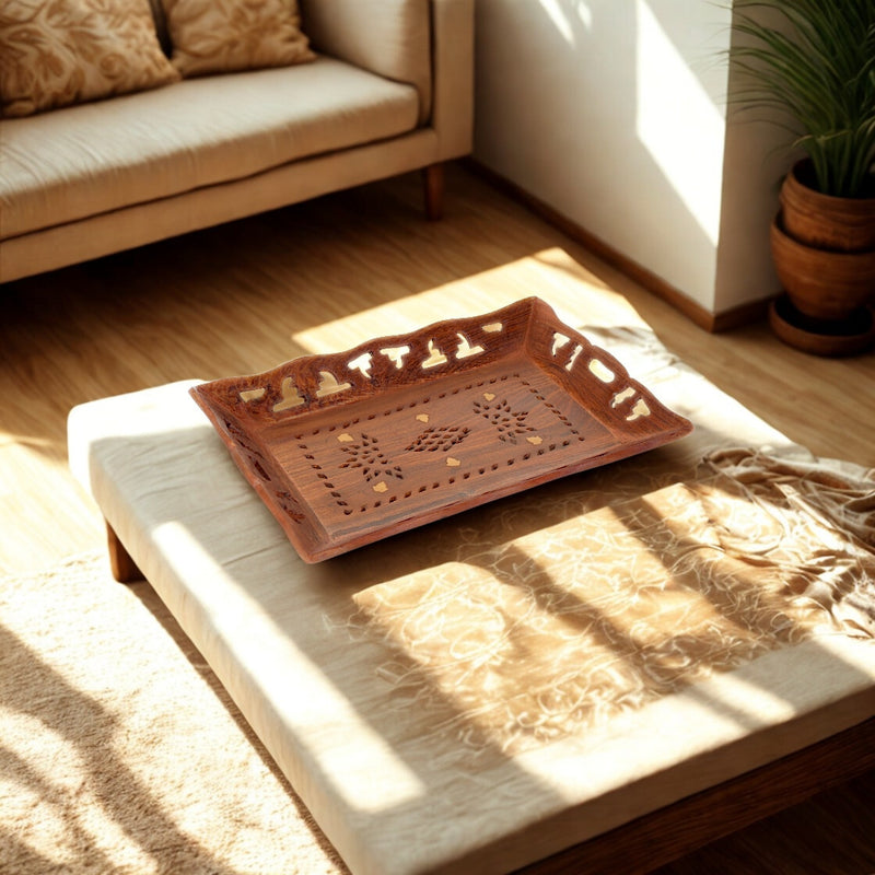 Hand-Carved Rosewood Tray with Brass Inlay Kerala Craft