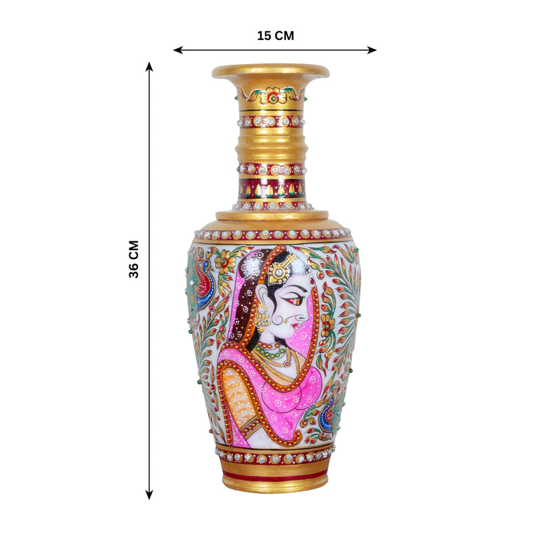 Hand-Painted Marble Vase – Rajasthani Women Portraits
