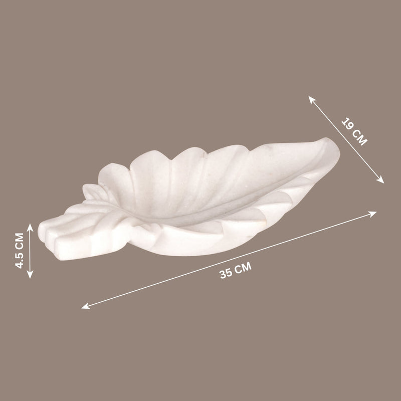 Nature's Embrace: Hand-Carved White Marble Leaf Tray | Organic Elegance