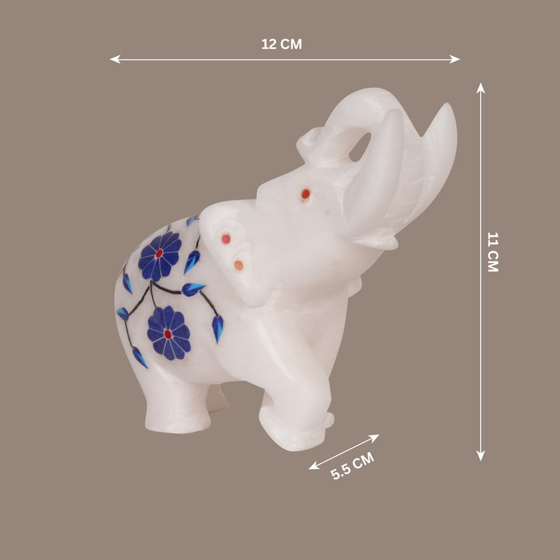 Azure Bloom: Hand-Carved Marble Elephant with Blue Parchinkari Inlay