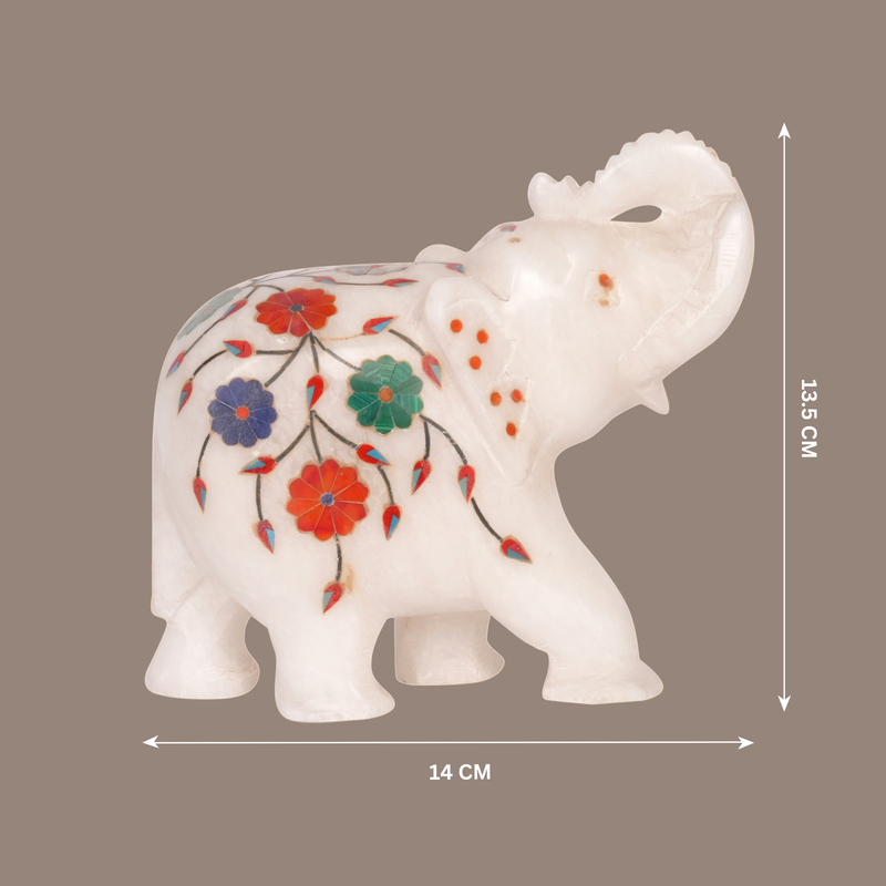 Royal Flourish: Hand-Carved Marble Elephant with Parchinkari Inlay | Auspicious Decor