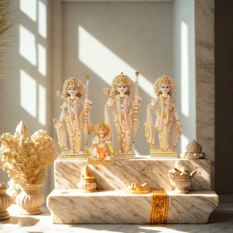 Ethereal Hand-Painted Ivory-hued & Gold Marble Rama Darbar Idol Set