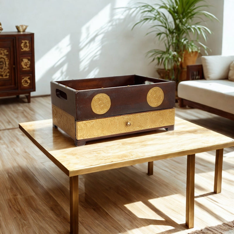 Handcrafted Wooden Storage Tray with Intricate Brass Detailing
