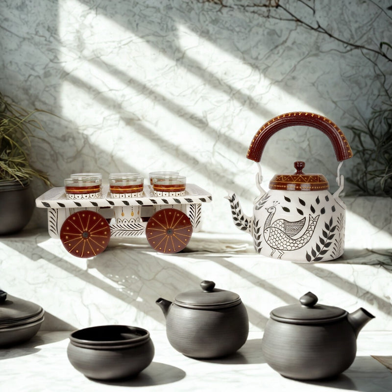 Hand-Painted Kettle Set with Glasses - Rajasthani Art