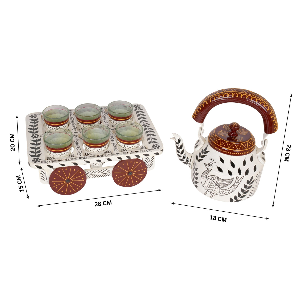 Hand-Painted Kettle Set with Glasses - Rajasthani Art