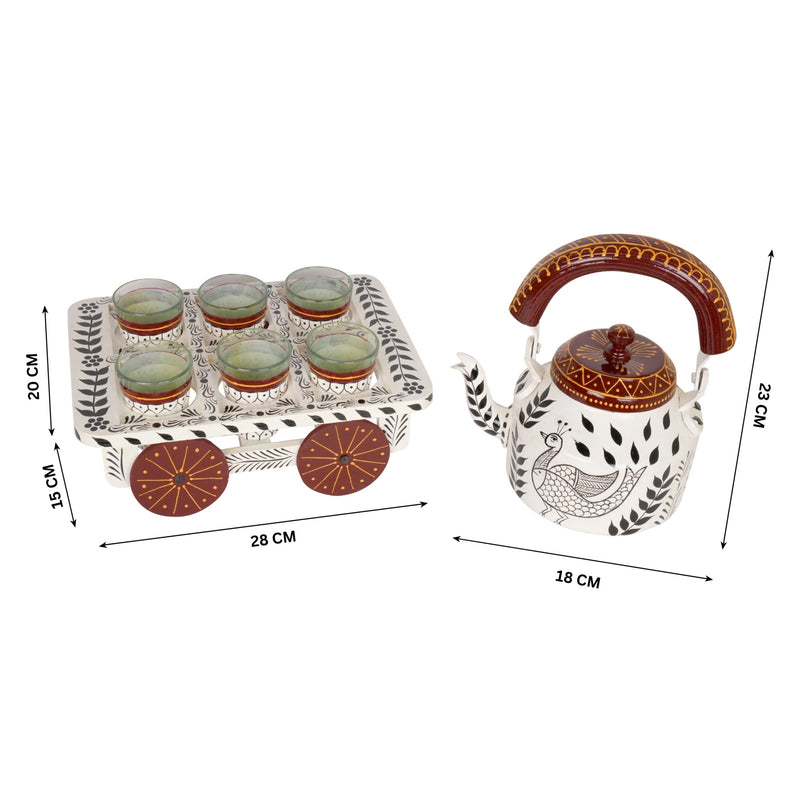Hand-Painted Kettle Set with Glasses - Rajasthani Art