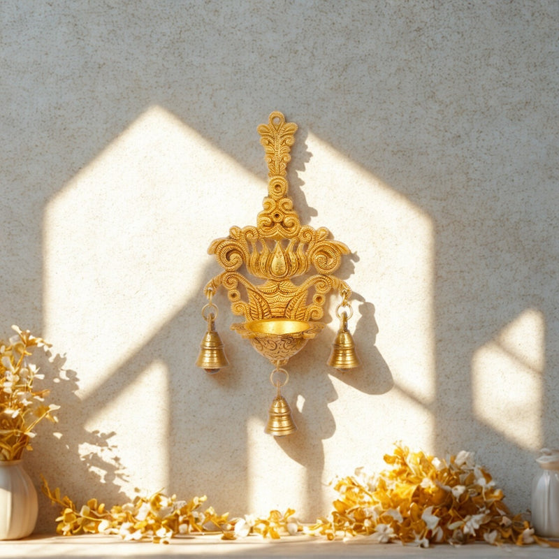 Melody of Light: Handcrafted Brass Hanging Deepam (Oil Lamp) with Bells