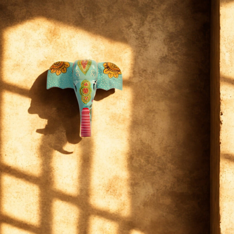 Folk Art Wooden Handpainted Elephant Head - Small