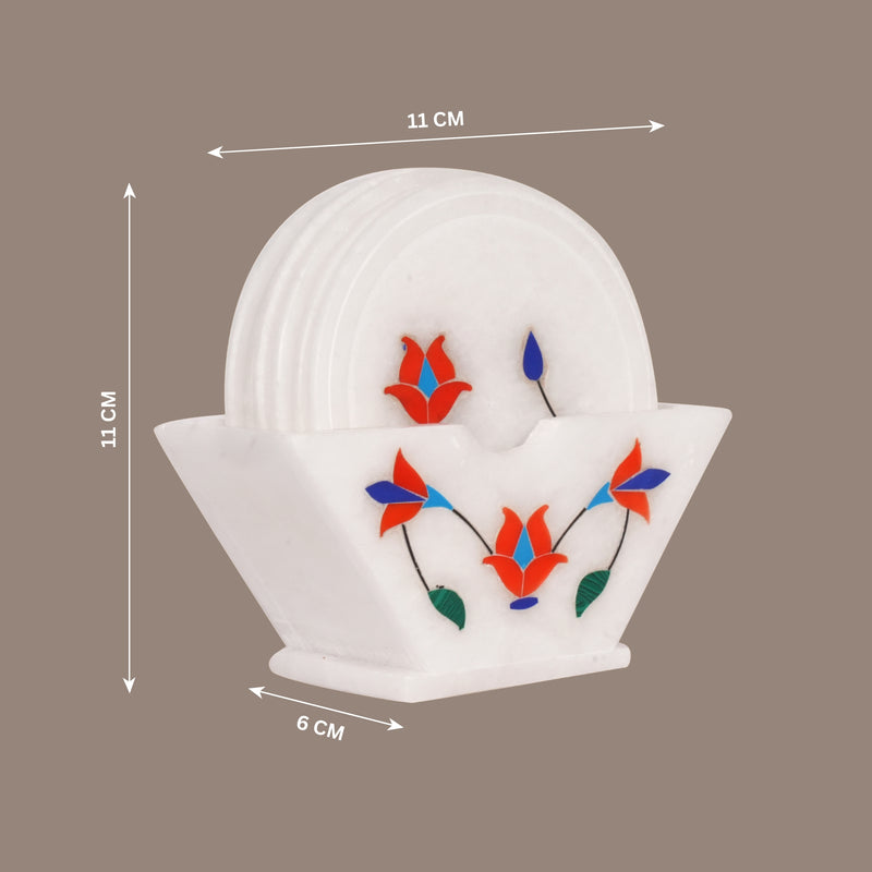 Handcrafted Marble Coasters with Floral Inlay - Set of 6