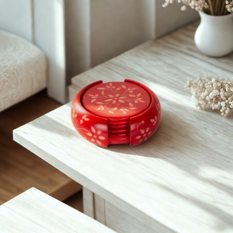 Handcrafted Marble Coasters with Intricate Floral Carving - Set of 6