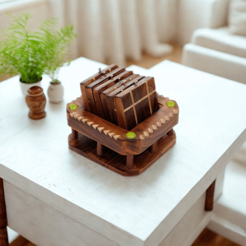 Hand-Carved Sheesham Wood Coaster Set