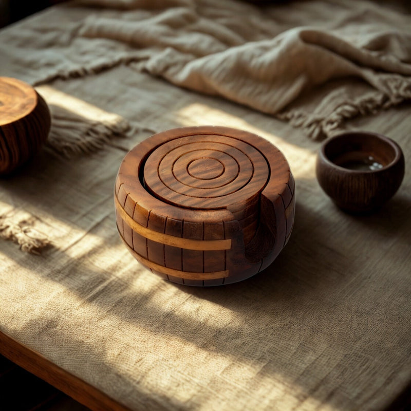 Handcrafted Rosewood Coaster Set with Barrel Holder